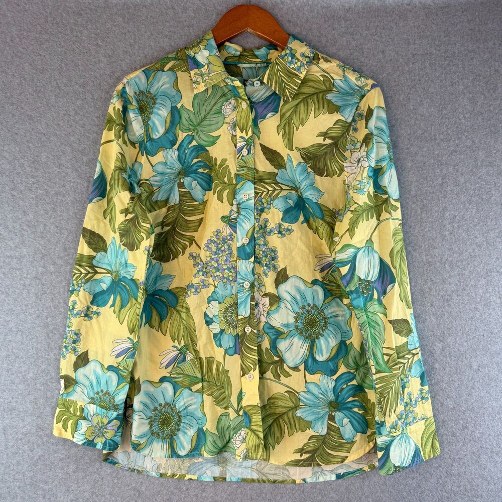 Talbot's Floral Long Sleeve Collard Button Up Blouse Tropical/Hippie Sz M Cotton
